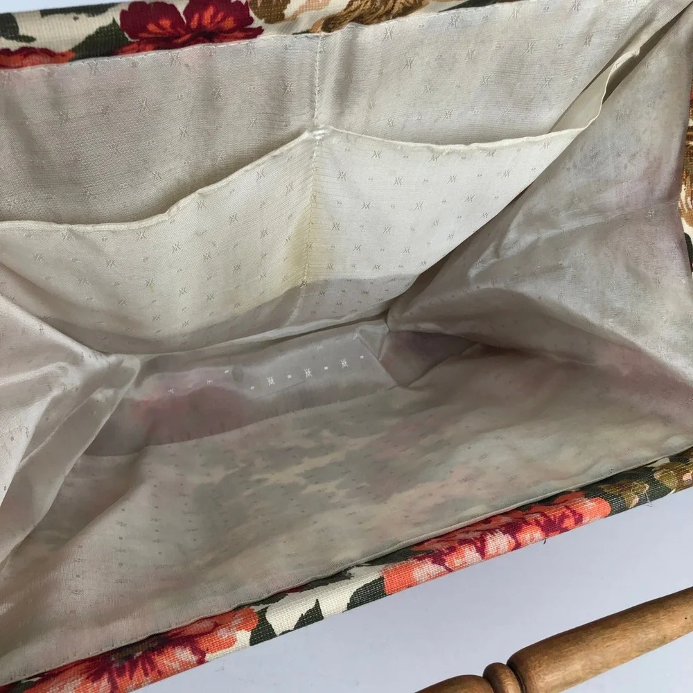 VTG Floral Tapestry Folding Knitting Yarn Basket Wooden Magazine Rack MCM Red EC